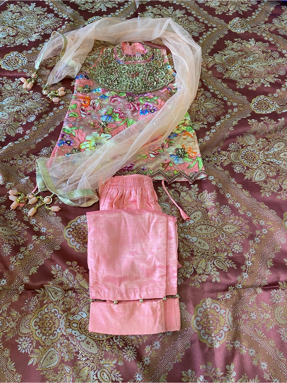 Girls Pink Embroidered Floral Top & Pants Set with Sheer Scarf